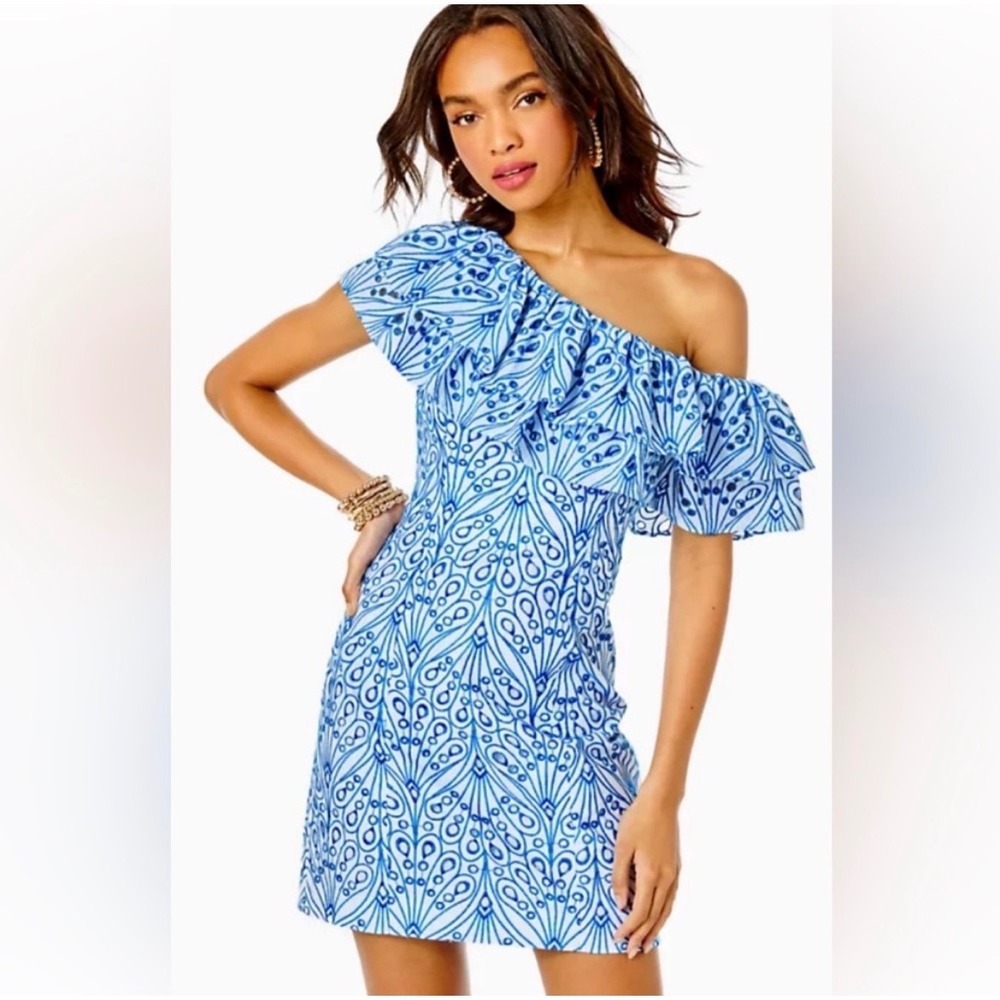 Lilly Pulitzer Sundea Dress Blue White Eyelet One Shoulder Ruffle Mini 4 012284